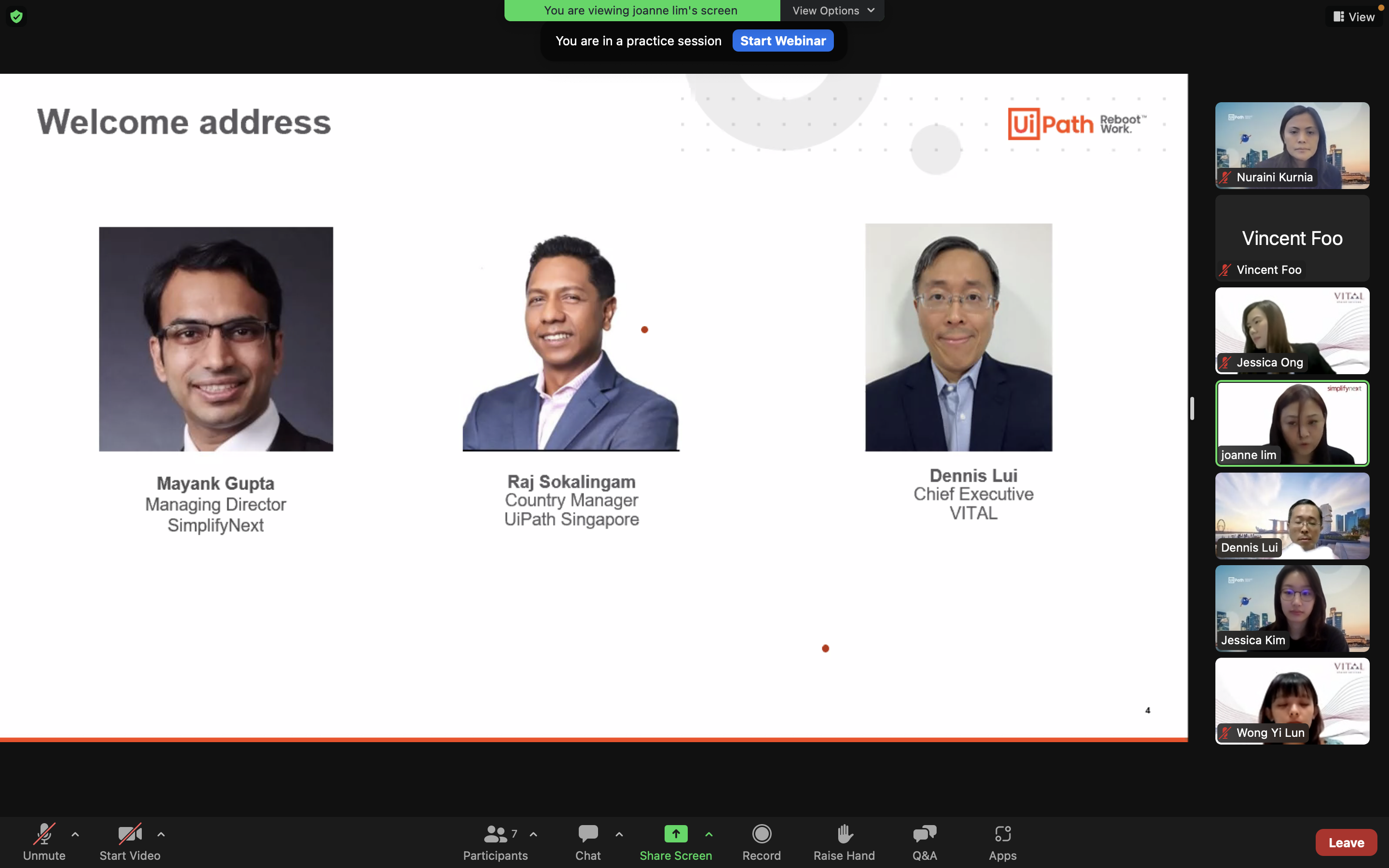 Zoom webinar showing a welcome address slide with photos of three speakers from SimplifyNext, UiPath, and VITAL.